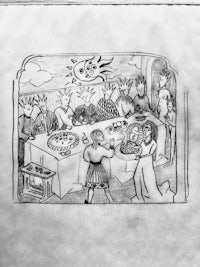 a drawing of a group of people at a table