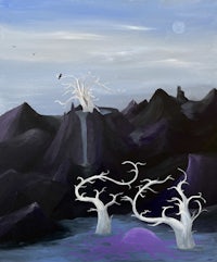 a painting of a tree with a purple liquid in the middle