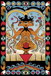 a drawing of a woman holding a tarot card